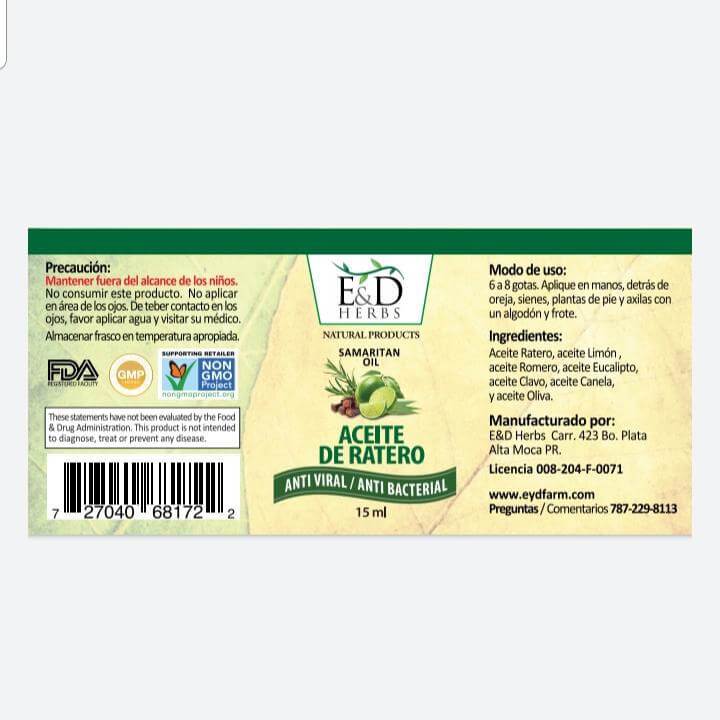 Etiqueta completa del Aceite de Ratero E&D Herbs 15 ml (foto de archivo)