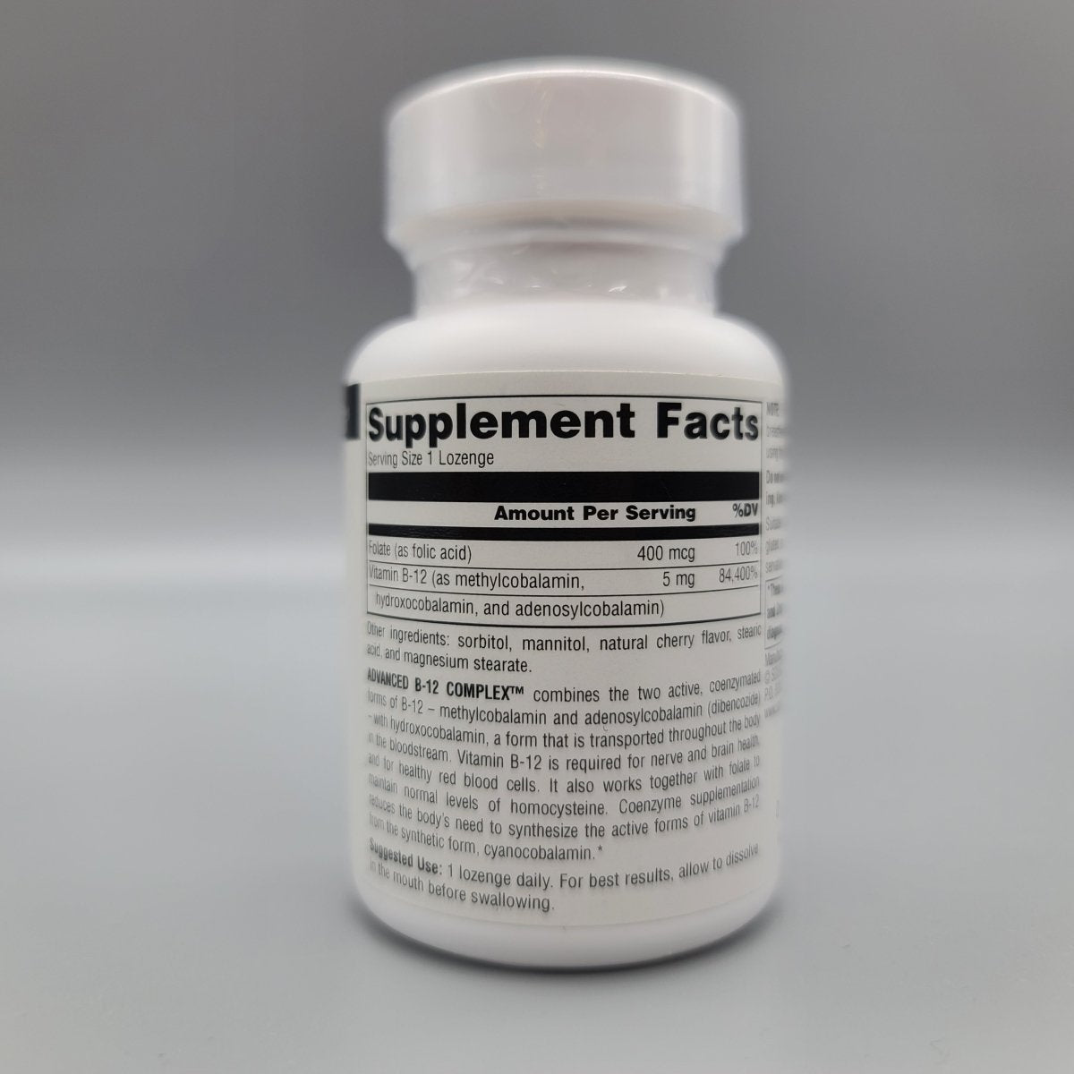 Advanced B-12 Complex - 5mg - 30 Lozenges de Source Naturals — etiqueta con los ingredientes