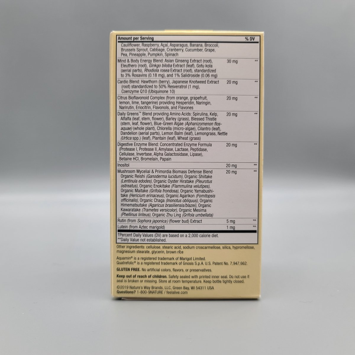 Lado de la caja Alive! Men's 50+: mezclas de hierbas, verdes, enzimas y hongos, otros ingredientes y Gluten free