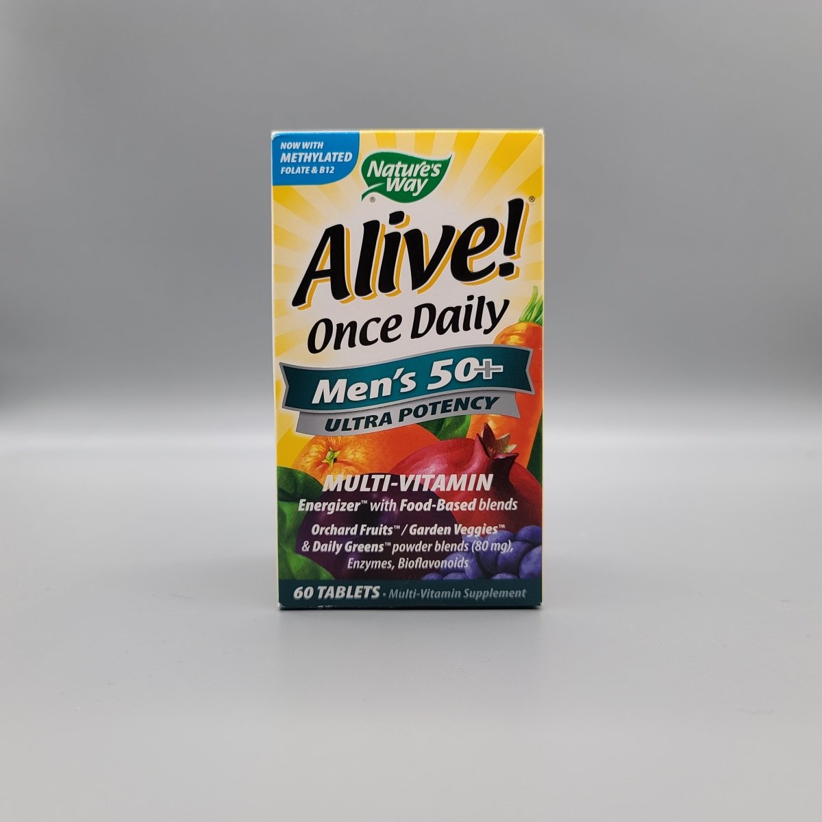 Frente de la caja Alive! Once Daily Men's 50+ Ultra Potency, Now with methylated folate & B12, 60 tablets