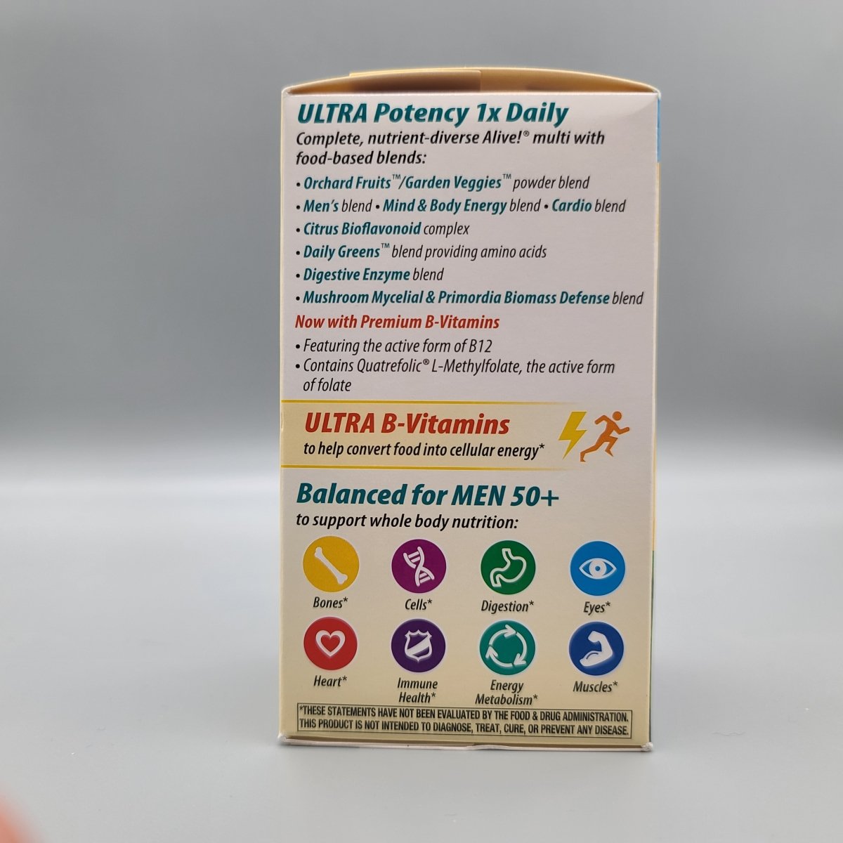 Lado de la caja Alive! Men's 50+: Ultra Potency 1x Daily, Ultra B-Vitamins y Balanced for Men 50+ con aviso FDA