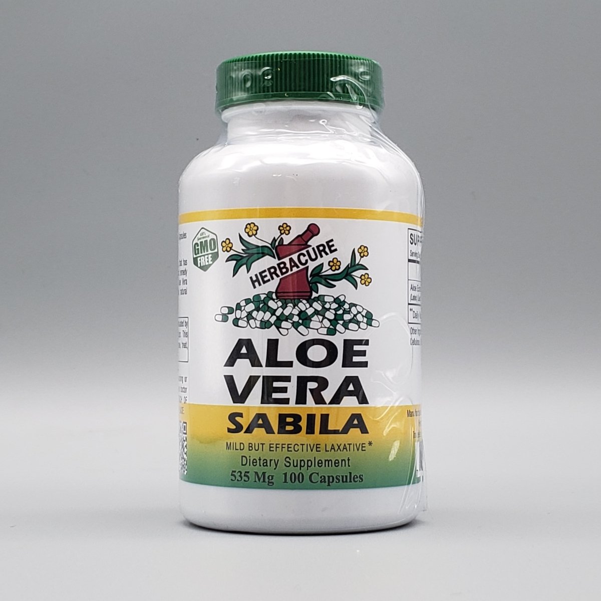 Frente de Aloe Vera Sábila de Herbacure: Mild but effective laxative, 535 mg, 100 cápsulas (foto de archivo)
