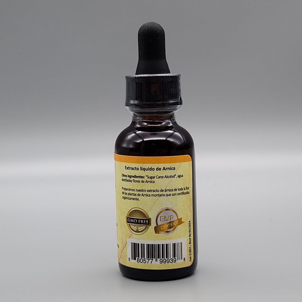Arnica - Liquido - Gotas - 1oz de E & D Herbs — etiqueta con los ingredientes
