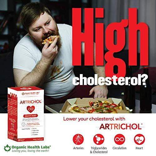 Artrichol Organic Health Labs 60 cápsulas vegetarianas para colesterol — etiqueta con los ingredientes (foto de archivo)