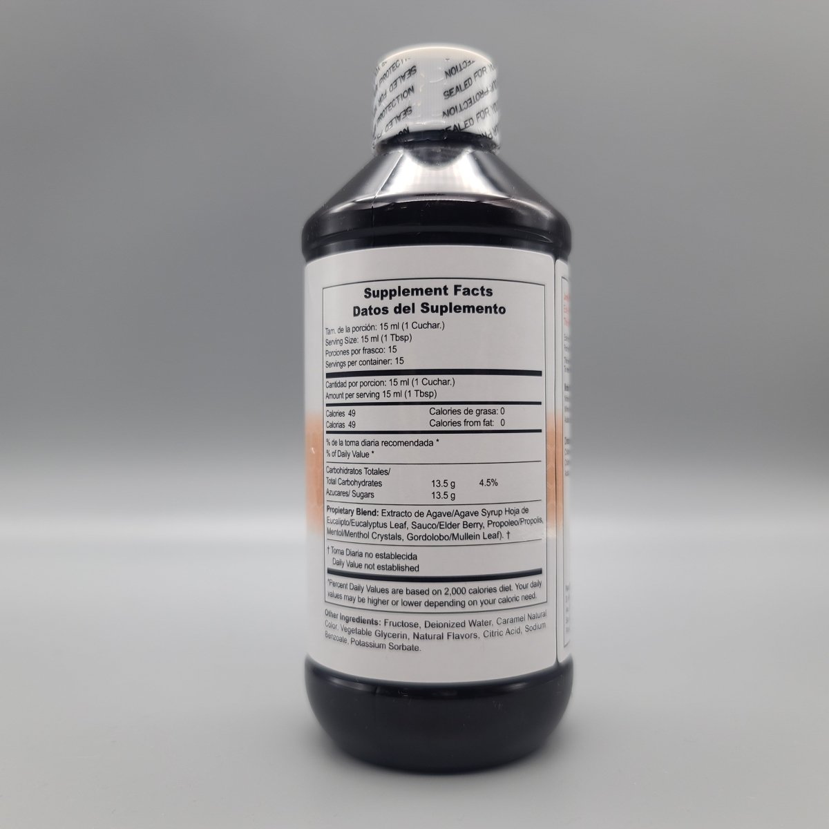 Bronkoplex Supplement Facts: 15 ml serving and agave, eucalyptus, elderberry, propolis, menthol and mullein blend (archive)