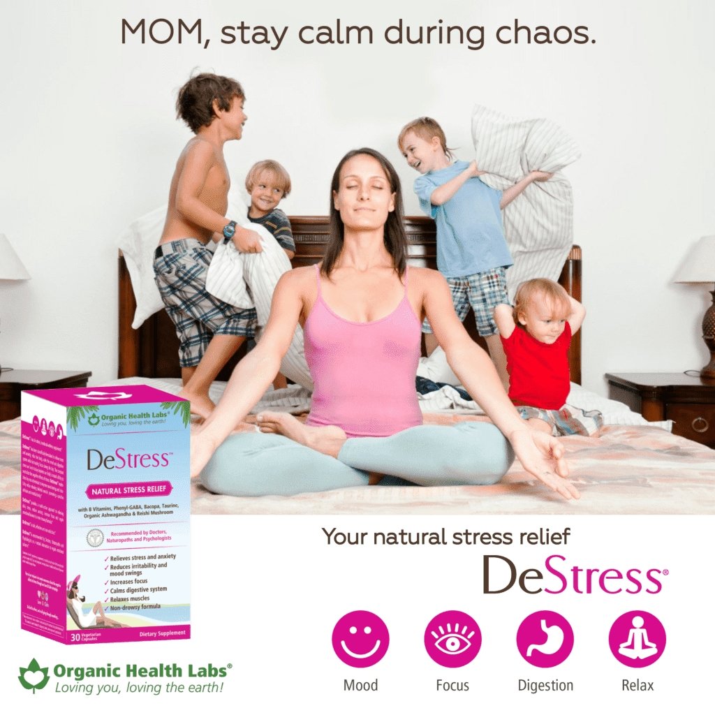 DeStress by Organic Health Labs ad with the 30-capsule box (archive photo)