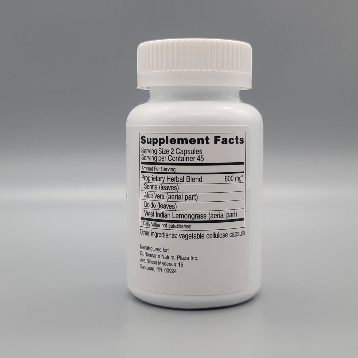 Supplement Facts de Detoxiplex con Proprietary Herbal Blend 600 mg: senna, aloe vera, boldo y West Indian lemongrass