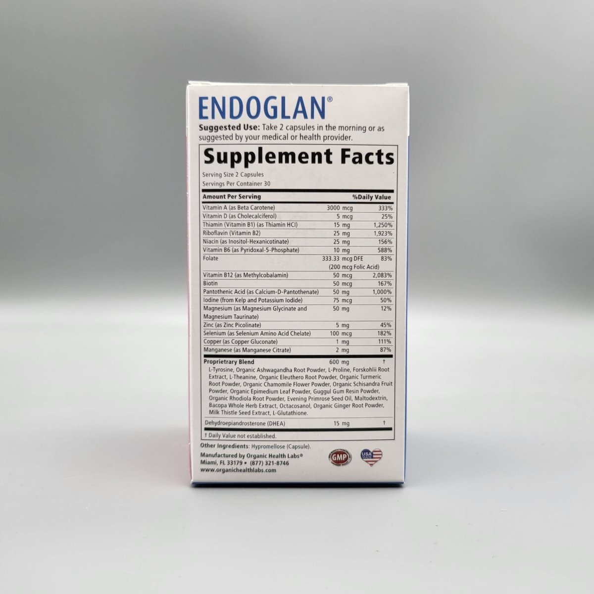 Endoglan Supplement Facts: 75 mcg iodine, selenium, B vitamins, 600 mg blend and DHEA 15 mg (archive)