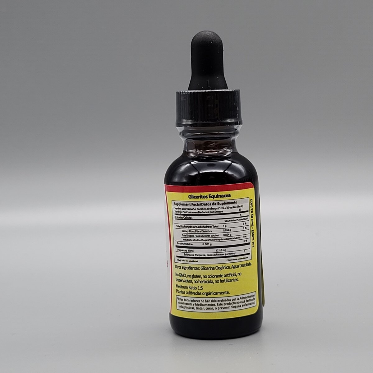 Frasco de glicerito de equinácea KIDS de E&D Herbs, 1 oz con gotero — etiqueta con los ingredientes