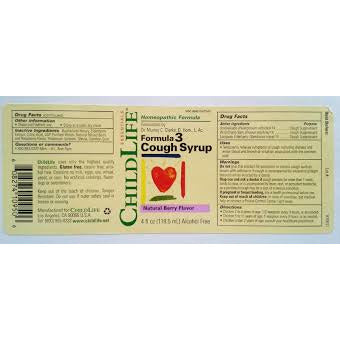 Formula 3 Jarabe para la Tos de Niños 4 oz Sabor Berry de Childlife — etiqueta con los ingredientes