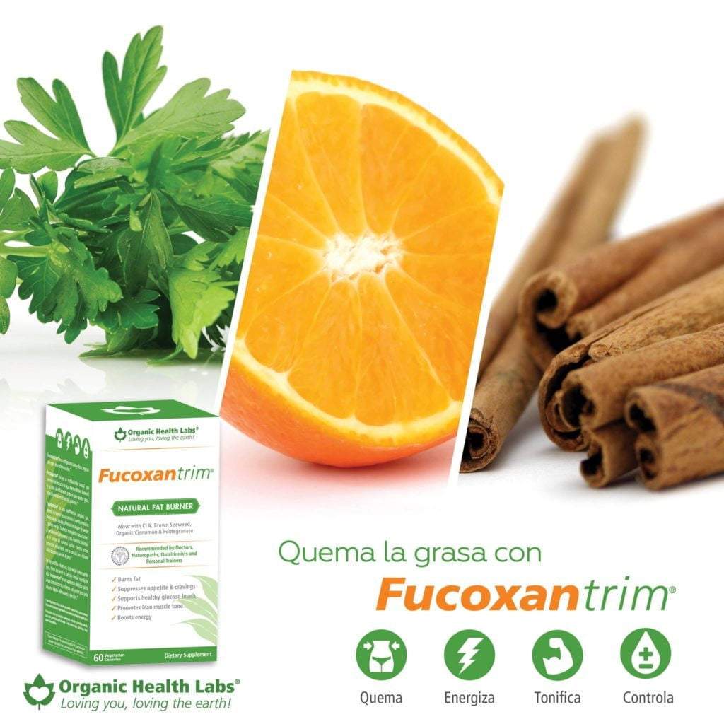 Fucoxantrim Organic Health Labs 60 cápsulas vegetarianas — etiqueta con los ingredientes (foto de archivo)