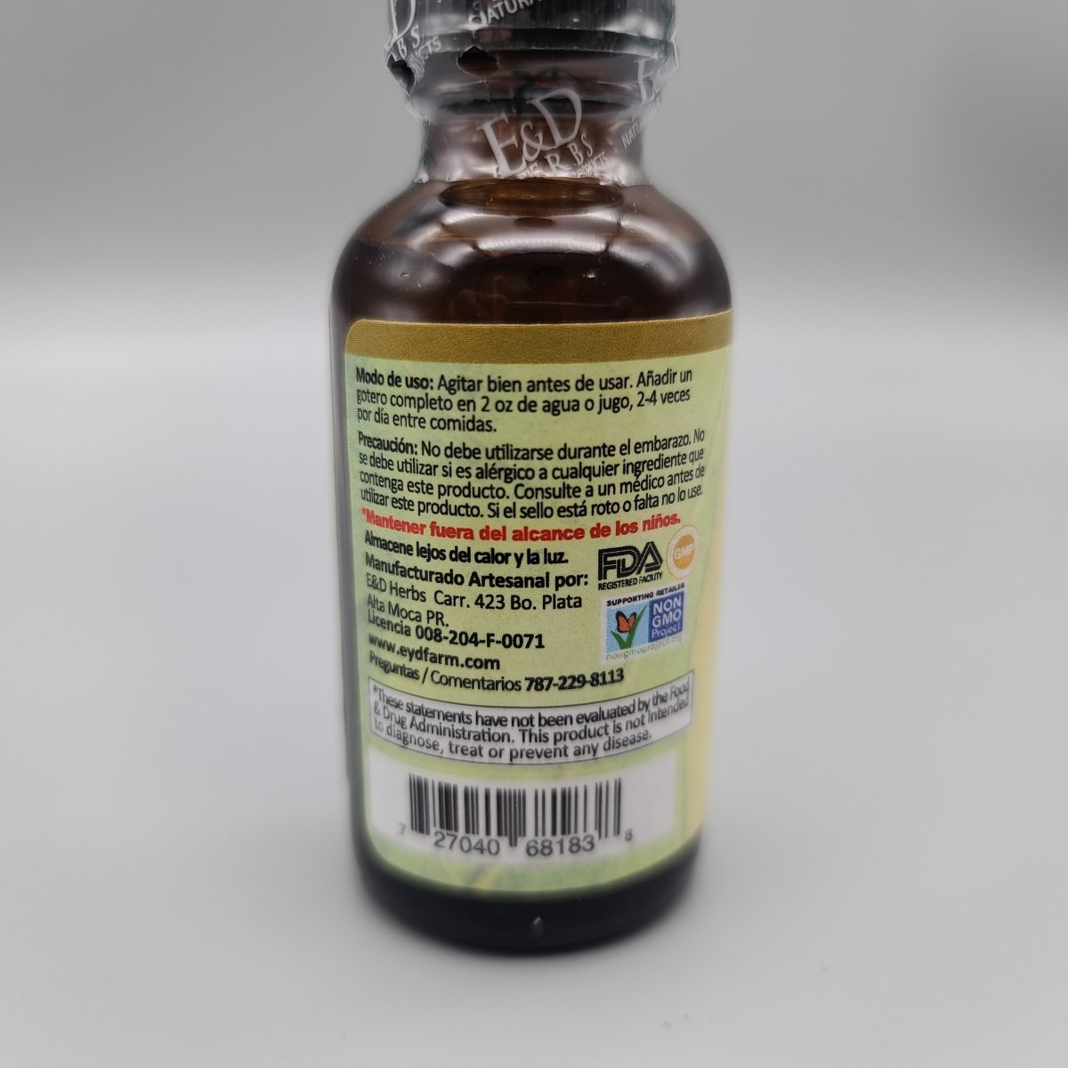 Jengibre en Gotas 1 oz Tintura para Digestión y Náuseas de E & D Herbs — vista posterior del envase