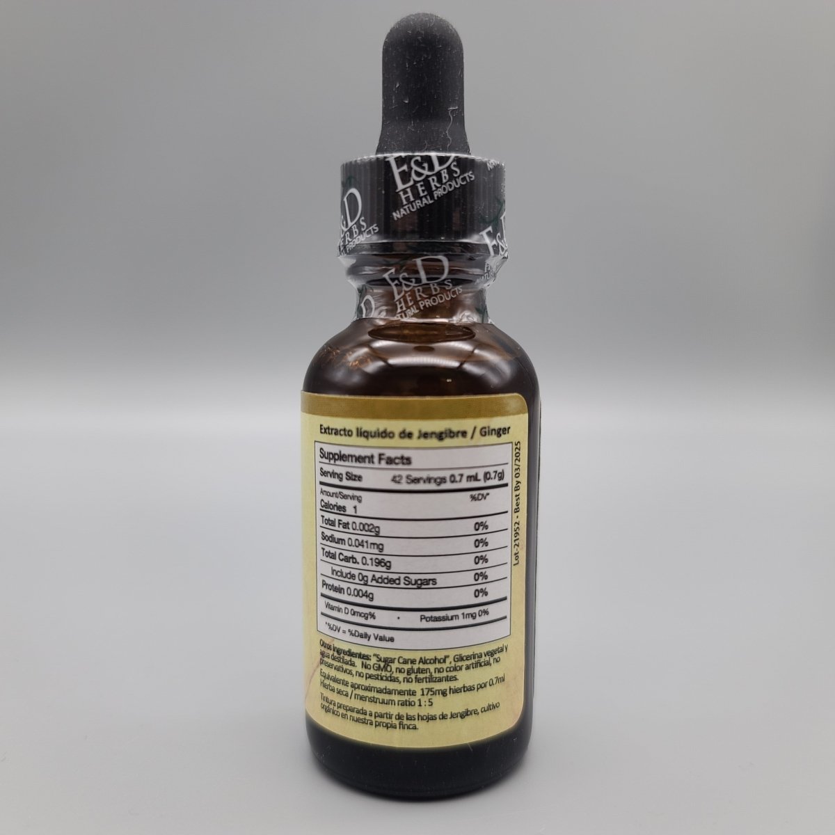 Jengibre en Gotas 1 oz Tintura para Digestión y Náuseas de E & D Herbs — etiqueta con los ingredientes