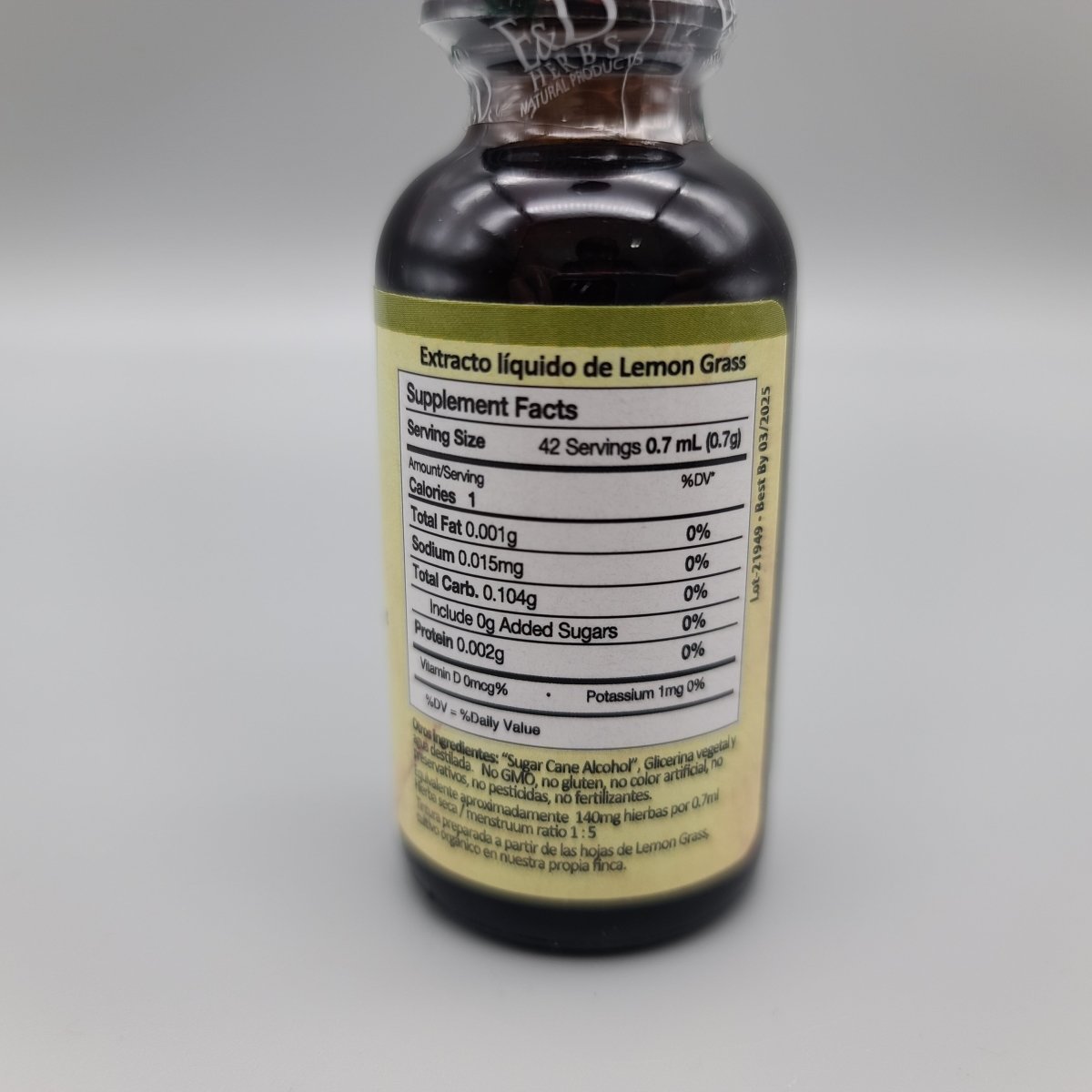 Lemon Grass en Gotas 1 oz Tintura de Limoncillo Natural de E & D Herbs — etiqueta con los ingredientes
