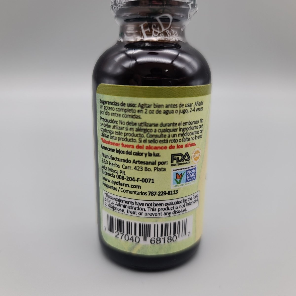 Lemon Grass en Gotas 1 oz Tintura de Limoncillo Natural de E & D Herbs — vista posterior del envase