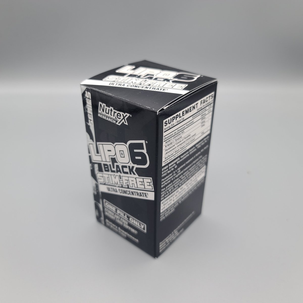 Caja de Lipo-6 Black Stim-Free de Nutrex con 60 cápsulas sin estimulantes — detalle del producto