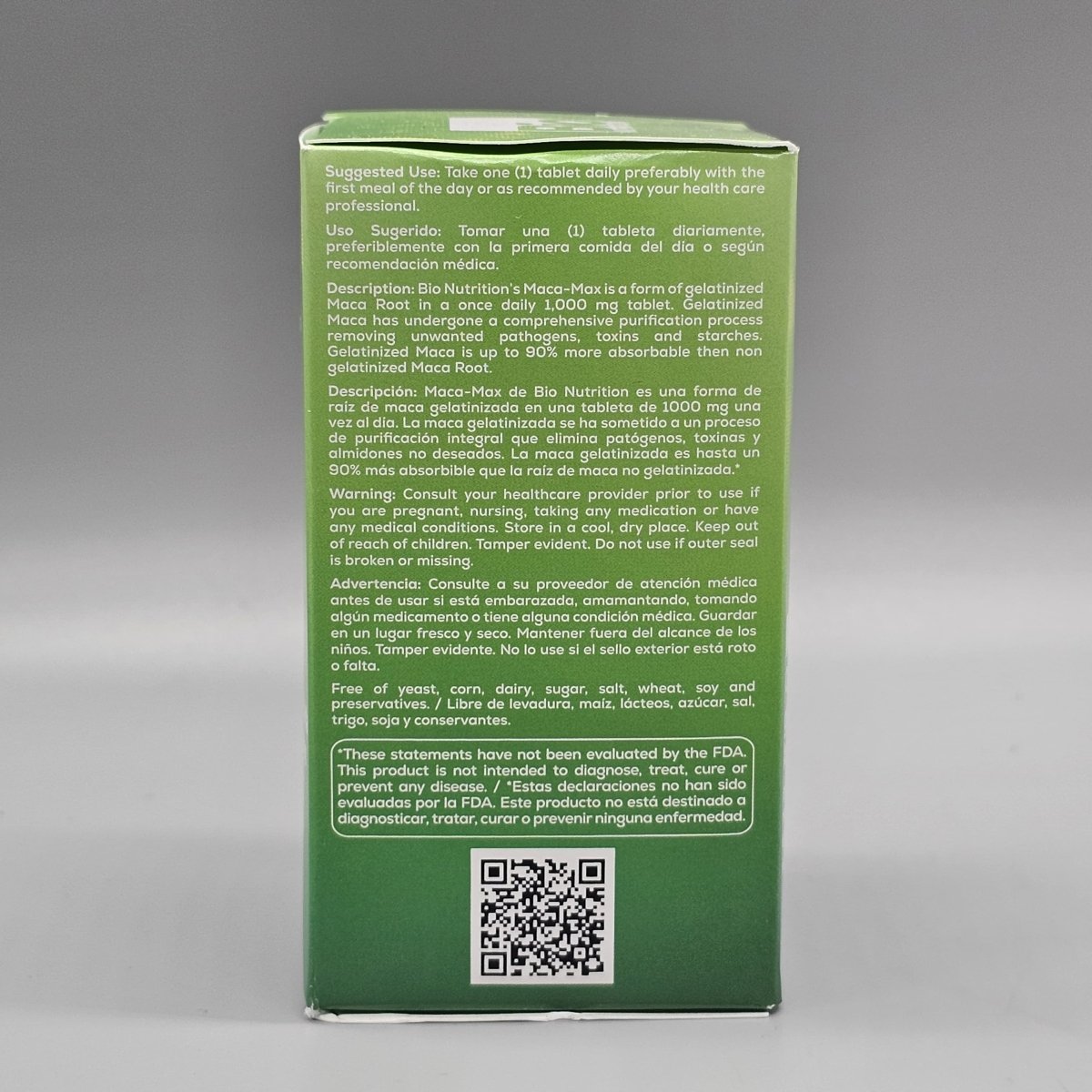 Maca-Max 1000 mg 30 Tabletas para Energía y Vitalidad de Bio Nutrition — vista lateral del envase (foto de archivo)