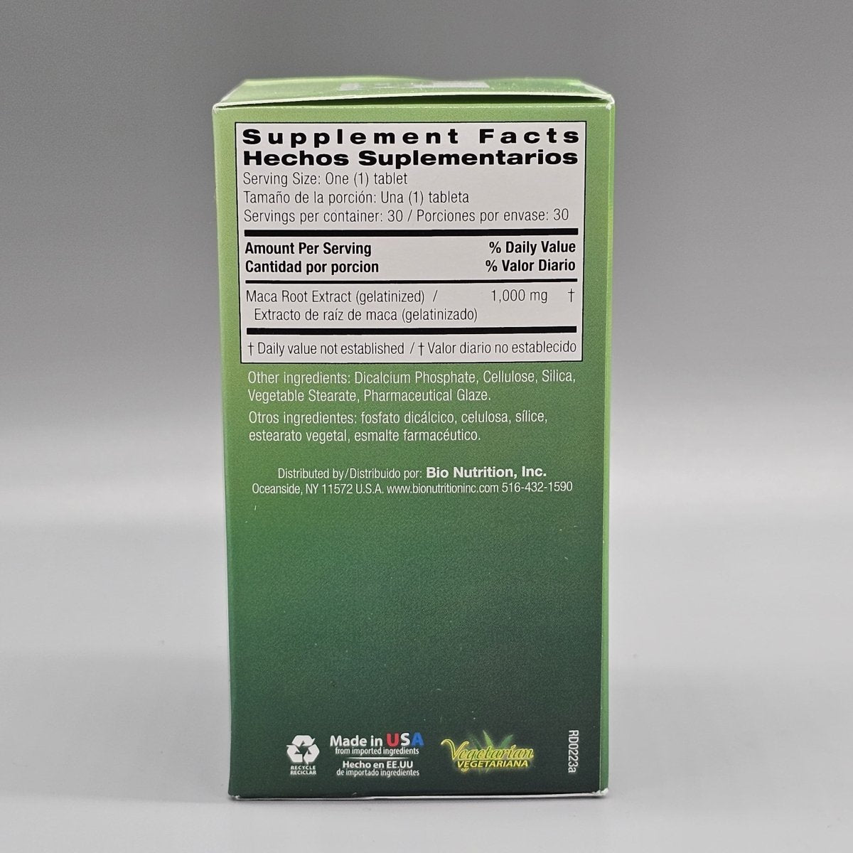 Maca-Max 1000 mg 30 Tabletas para Energía y Vitalidad de Bio Nutrition — vista posterior del envase (foto de archivo)