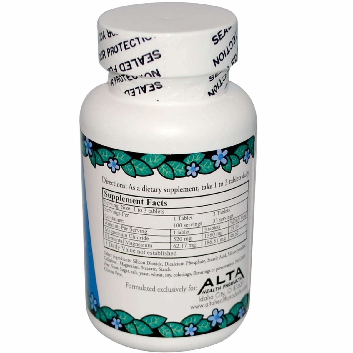 Cloruro de Magnesio Alta Health 520 mg, 100 Tabletas Sin Gluten de Alta Health Products — etiqueta con los ingredientes