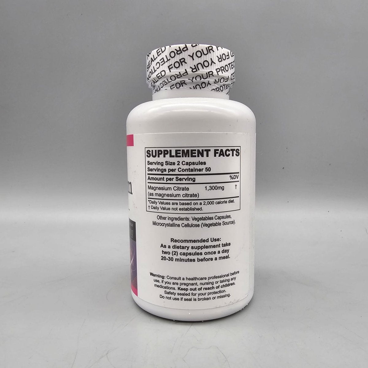 Valeria Nutrition Magnesium Citrate bottle: Supplement Facts 1,300 mg, Recommended Use and Warning