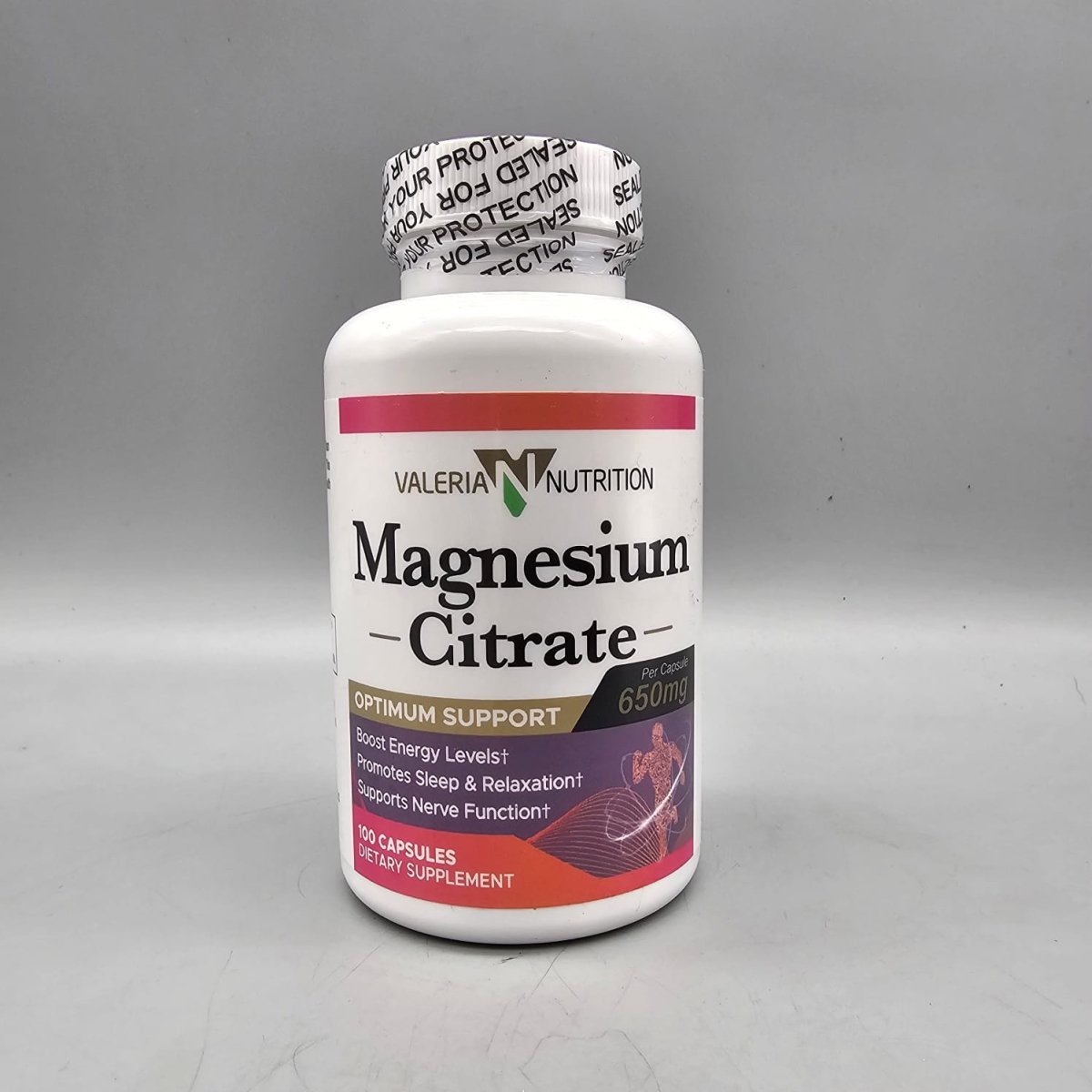 Valeria Nutrition Magnesium Citrate bottle, 650 mg per capsule, Optimum Support, 100 capsules, dietary supplement