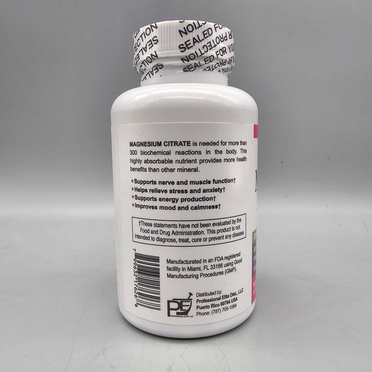 Valeria Nutrition Magnesium Citrate bottle: brand text, statements with †, FDA statement and Puerto Rico distributor