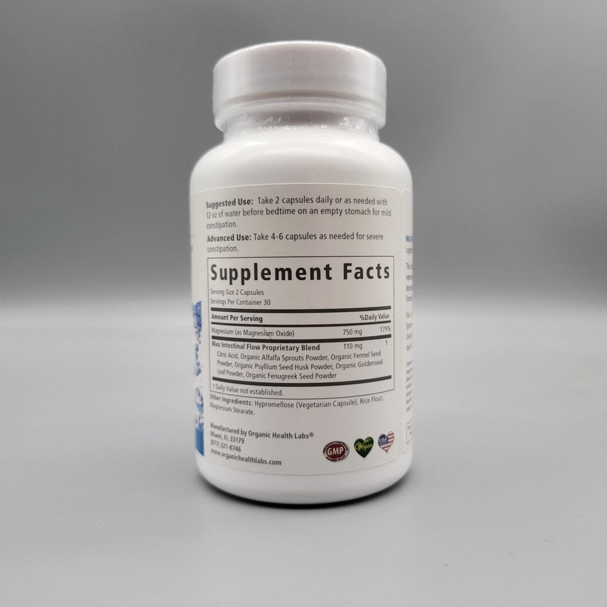 Alivio Natural para el Estreñimiento y la Digestión en PR de Organic Health Labs — etiqueta del producto (foto de archivo)