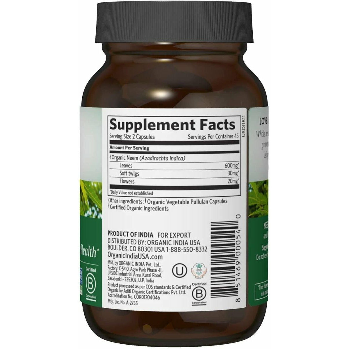 Neem 90 Cápsulas - Organic India — etiqueta con los ingredientes