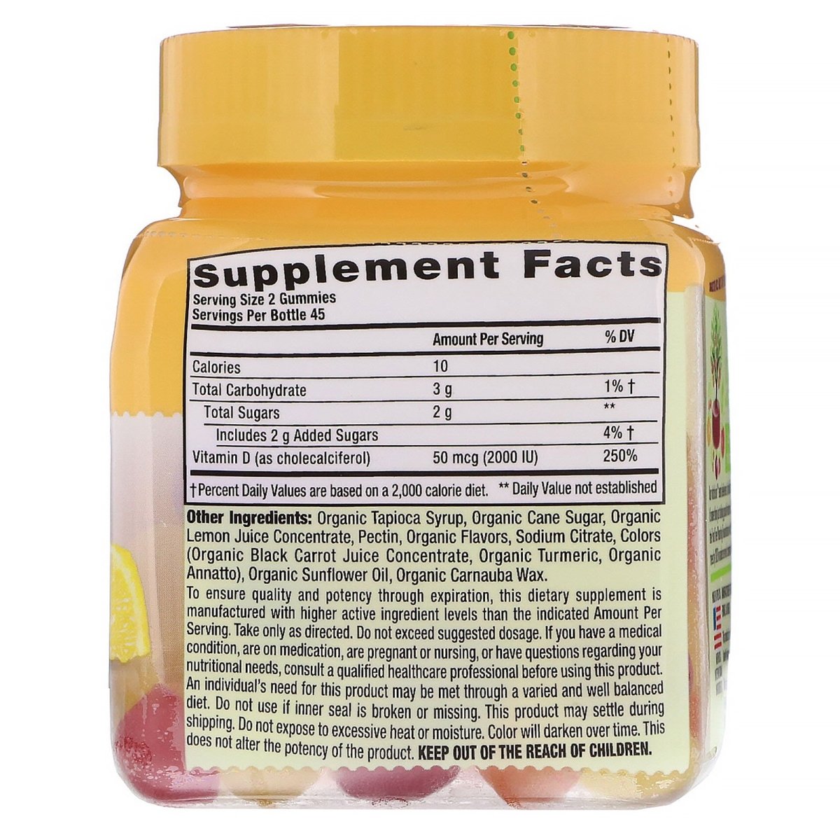 Frasco de gomitas de vitamina D3 orgánica 2000 UI de Vitafusion, sabor cítrico — etiqueta con los ingredientes