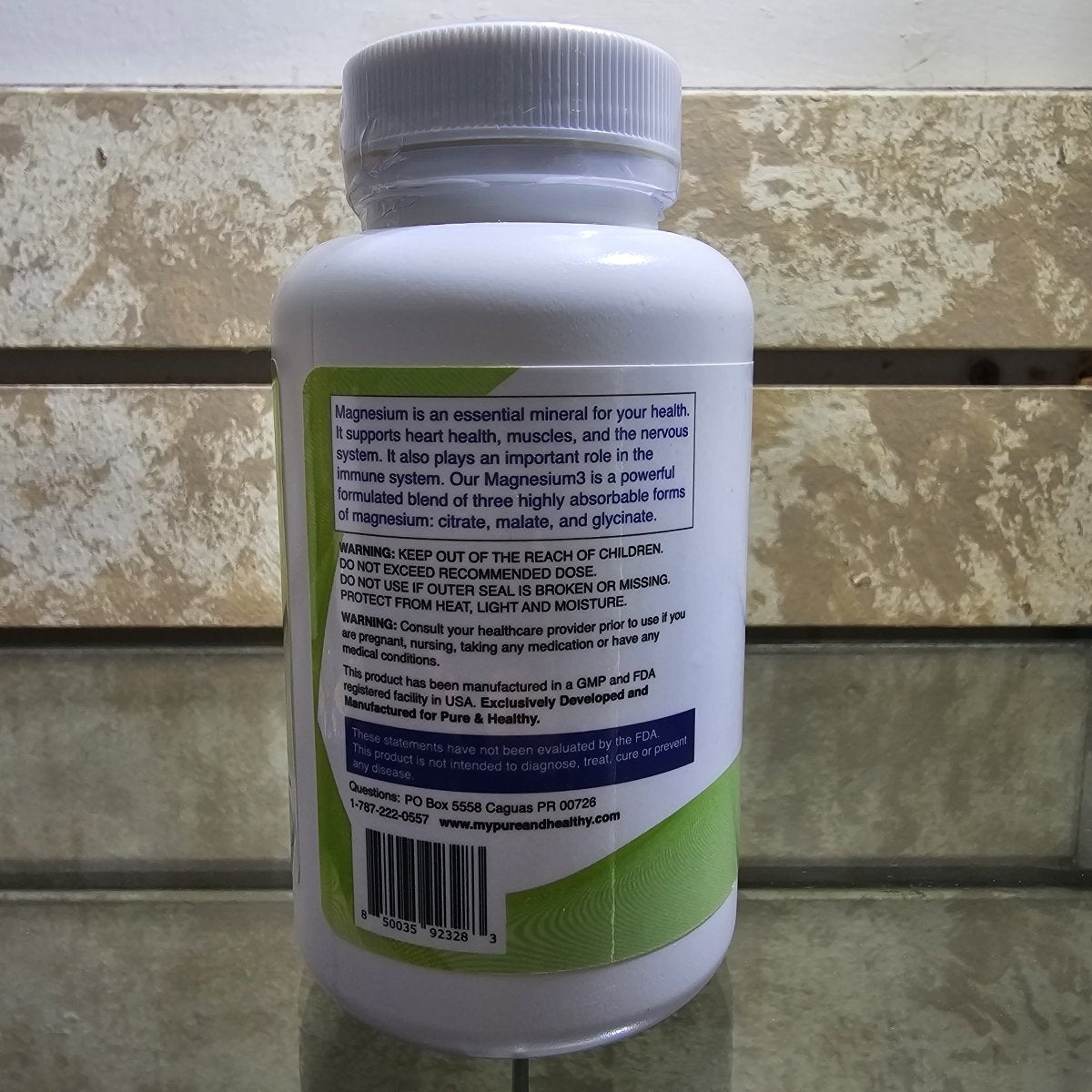 Magnesium3 Pure & Healthy 300 mg, Citrato, Malato y Glicinato, 60 Cáps — etiqueta con los ingredientes