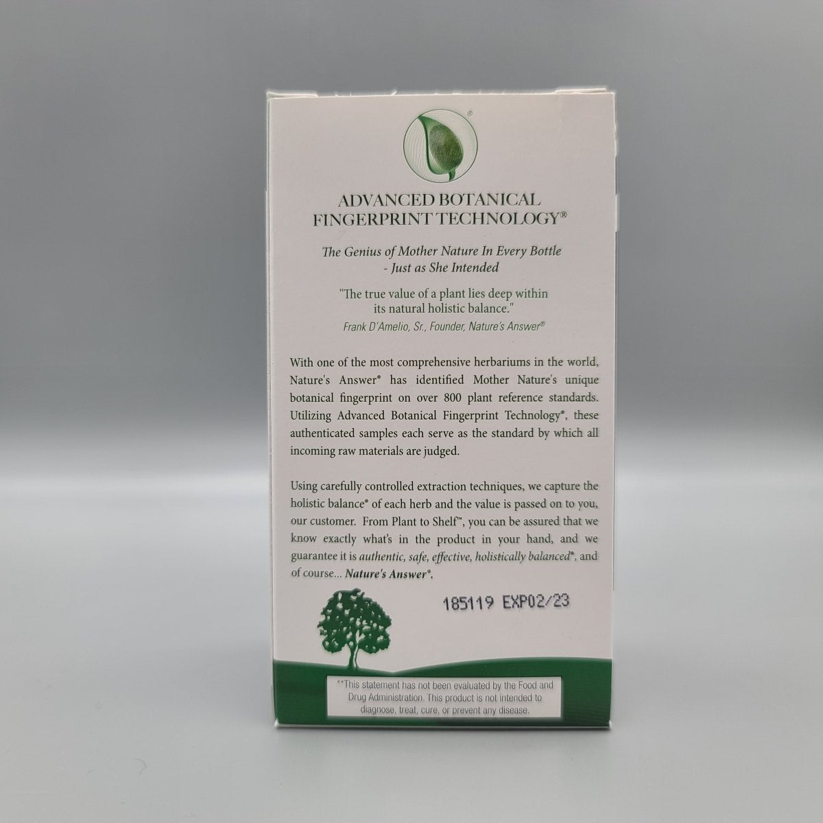 Back of the Nature's Answer Reishi box: Advanced Botanical Fingerprint Technology and FDA statement