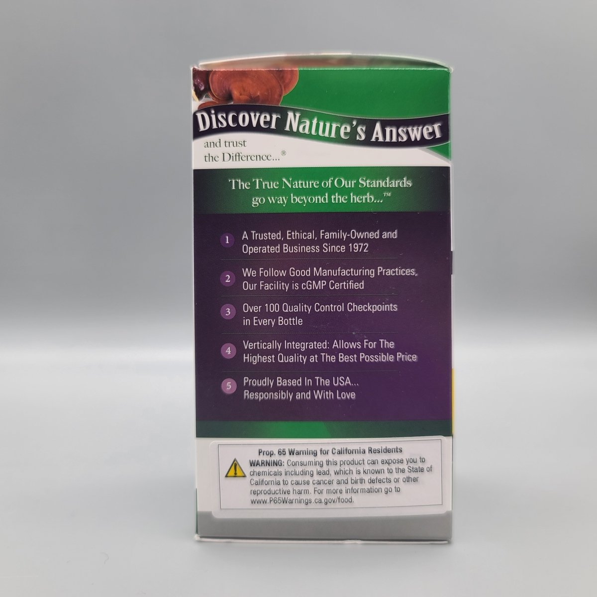 Side of the Nature's Answer Reishi box: brand standards and California Prop. 65 warning