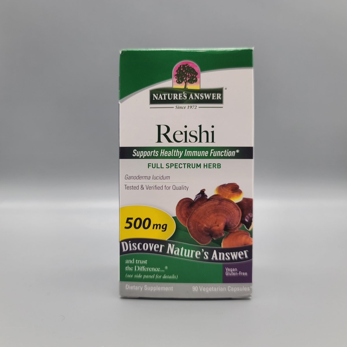Nature's Answer Reishi front: «Supports Healthy Immune Function*», Ganoderma lucidum, 500 mg, 90 capsules
