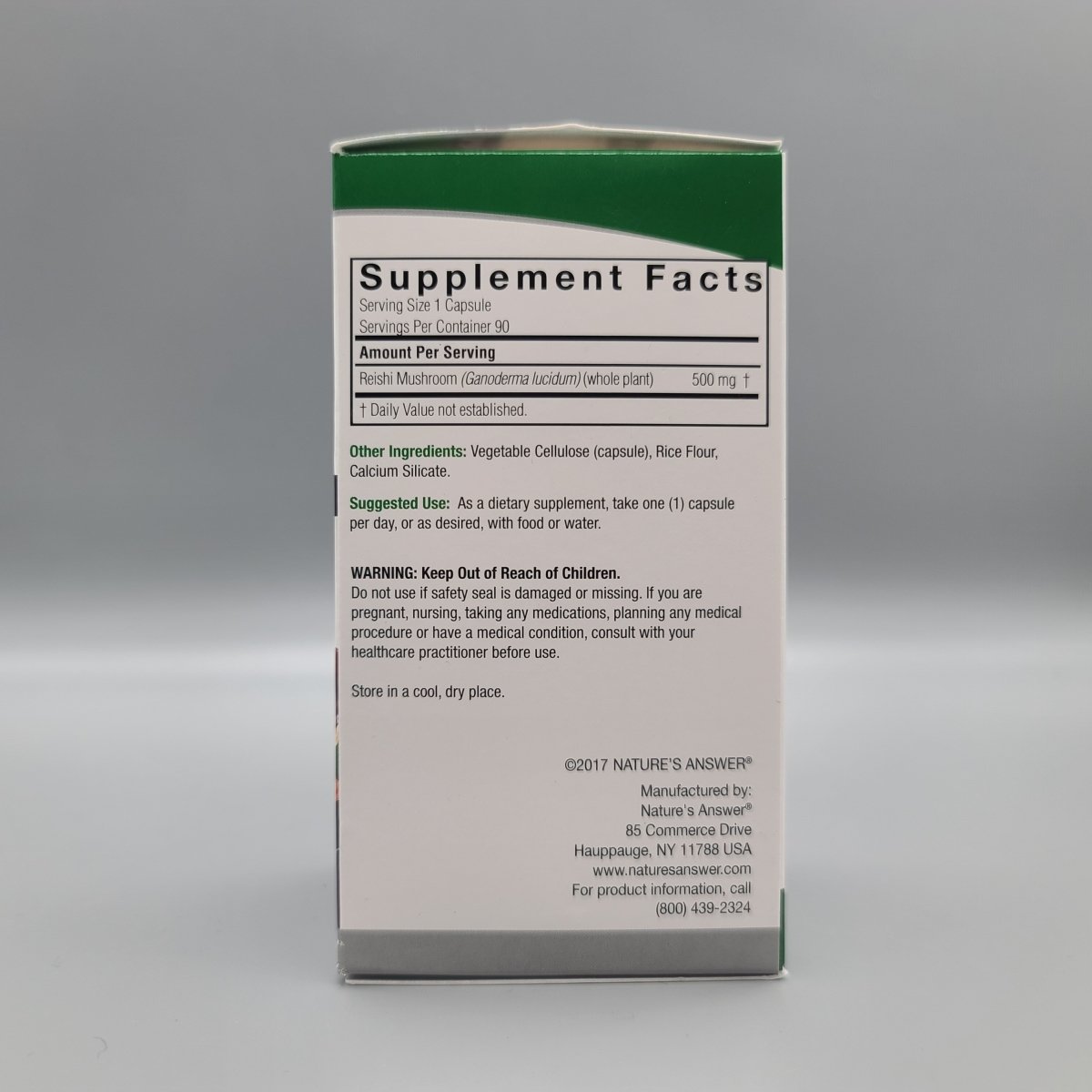 Nature's Answer Reishi Supplement Facts: 1 capsule with 500 mg reishi (whole plant), use and warnings
