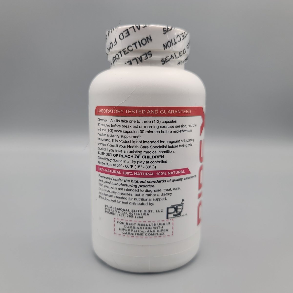 Ripex Ultra con Cafeína, Garcinia y Té Verde, 120 Cápsulas de Optimus Wellness Solutions — vista posterior del envase