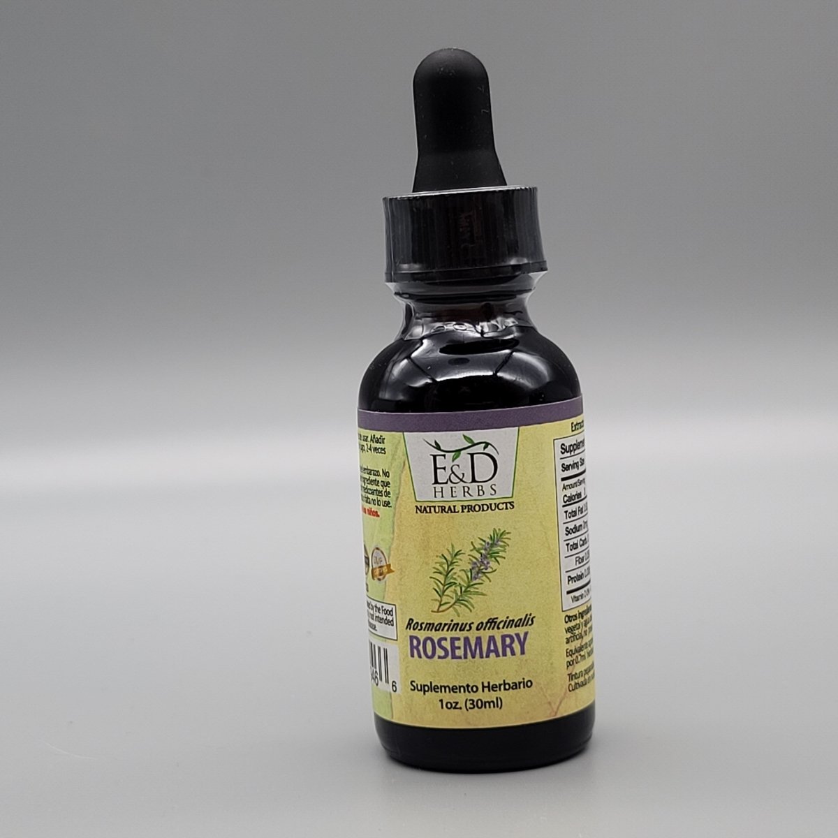 Frente del frasco de romero E&D Herbs: Rosmarinus officinalis, Rosemary, suplemento herbario, 1 oz (30 ml)