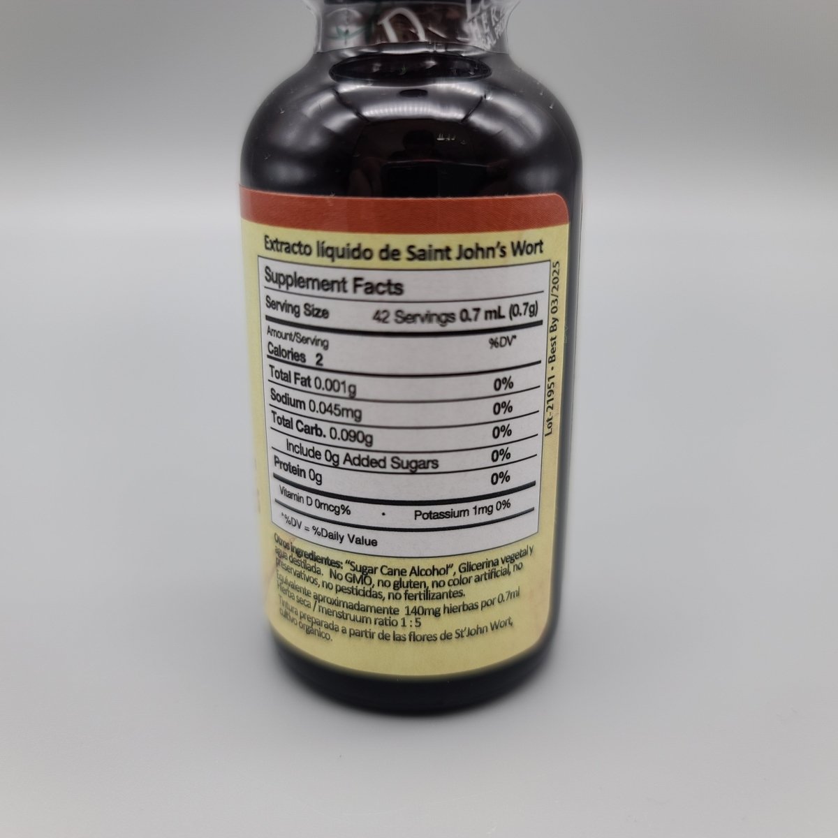 Hierba de San Juan E&D Herbs, Extracto en Gotas 1 oz (30 mL) — etiqueta con los ingredientes