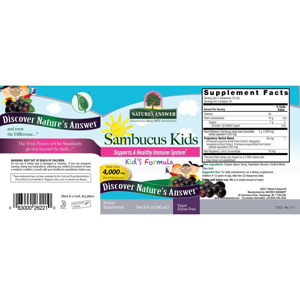 Sambucus for Kids 8 Oz de Nature's Answer — etiqueta con los ingredientes