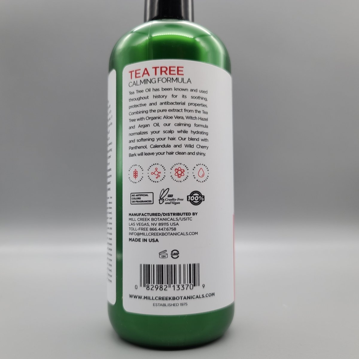 Shampoo Tea Tree Mill Creek Calming Formula 14 oz, Sin Sulfatos de Mill Creek Botanicals — vista posterior
