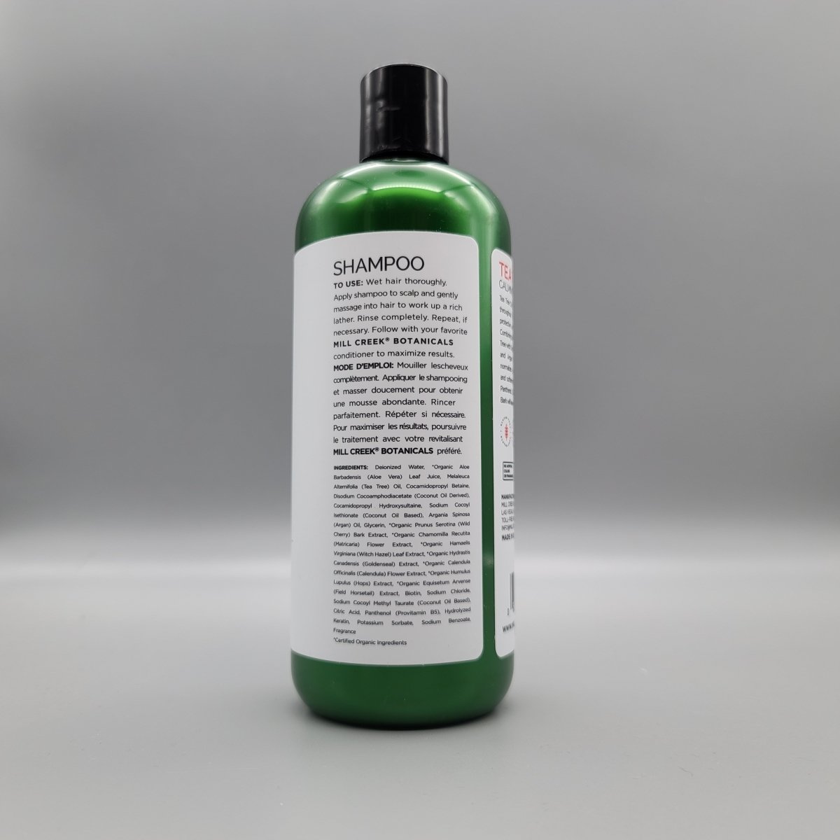 Shampoo Tea Tree Mill Creek Calming Formula 14 oz, Sin Sulfatos de Mill Creek Botanicals — etiqueta del producto