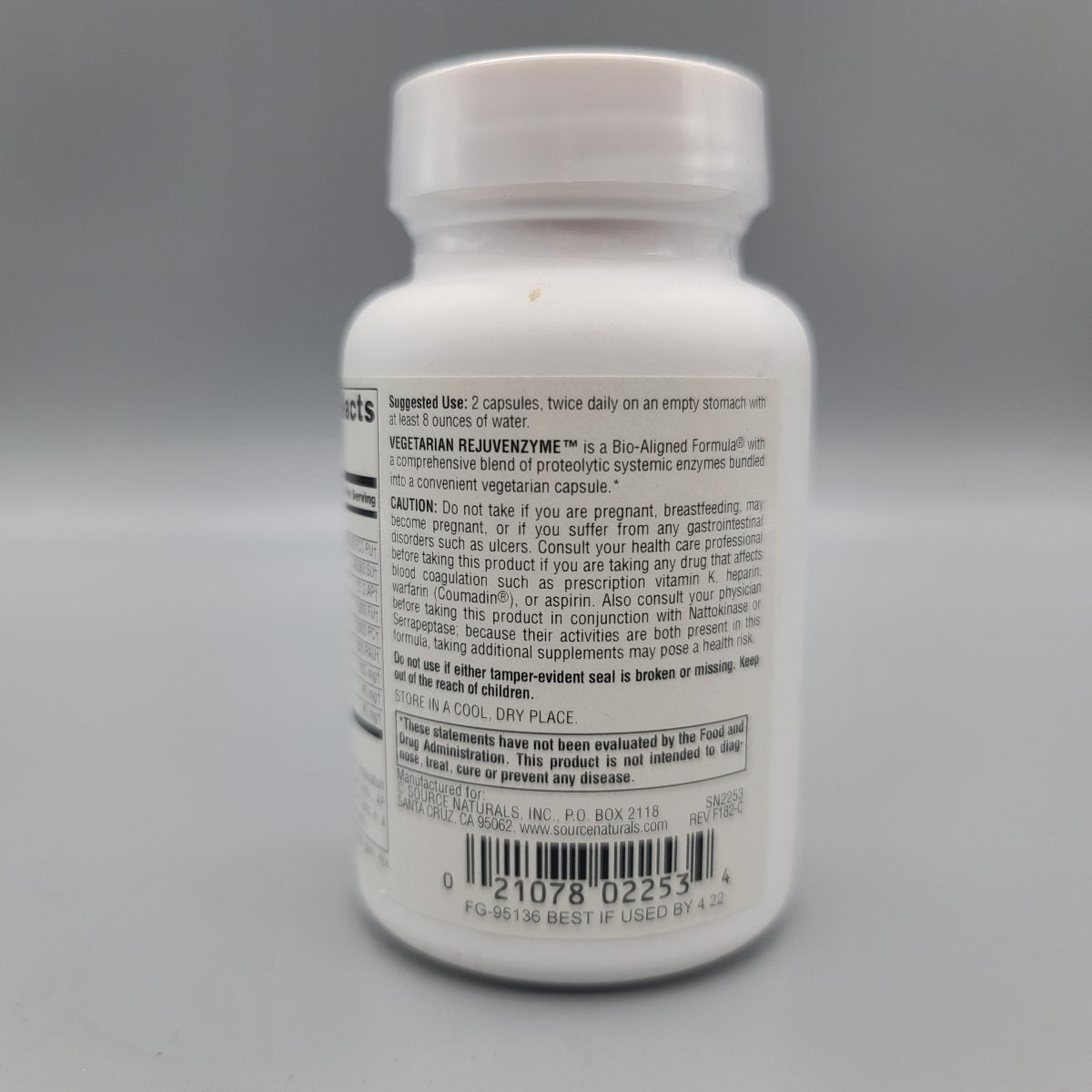 Dorso de Rejuvenzyme Source Naturals: uso sugerido, precaución completa y aviso de la FDA