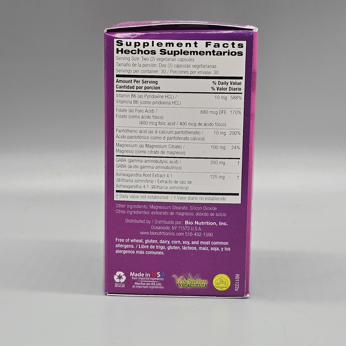 Stress Wellness with Ashwaganda - 445mg - 60 Vegetarian Capsules de Bio Nutrition — etiqueta del producto
