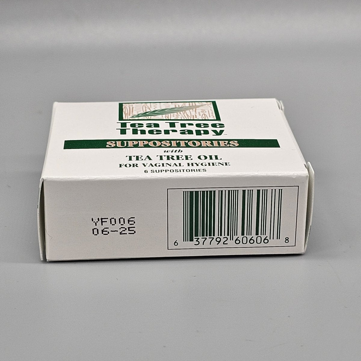 Supositorios vaginales de árbol de té Tea Tree Therapy, caja de 6 unidades — etiqueta con los ingredientes