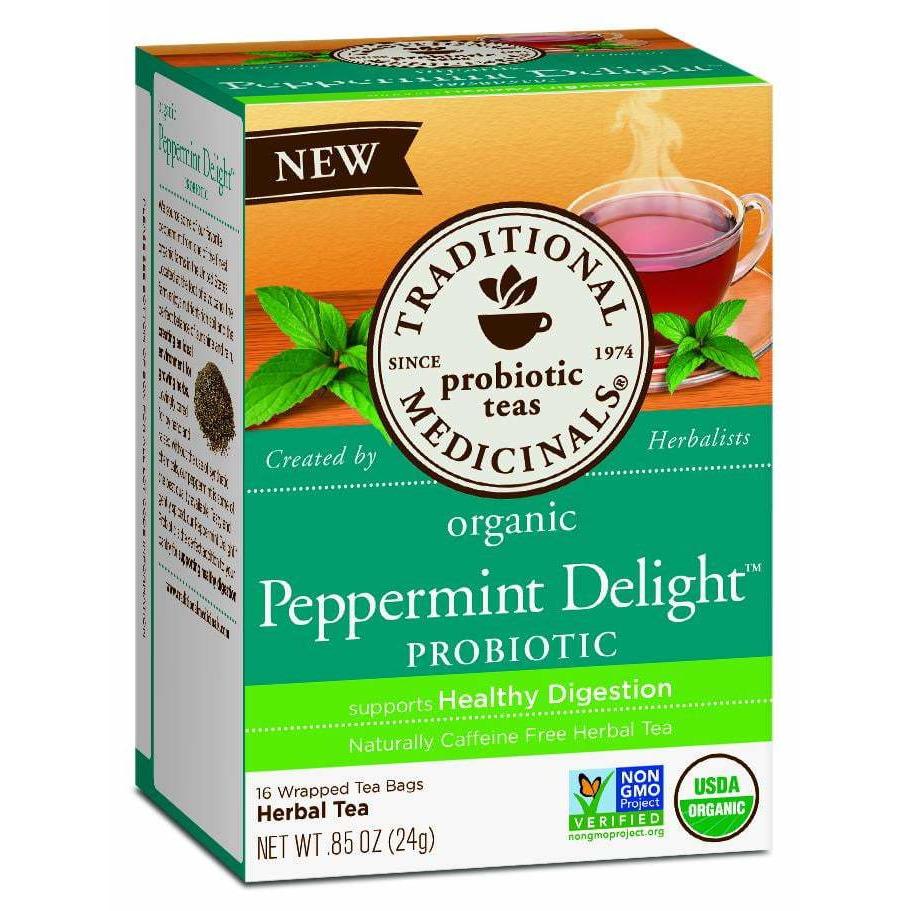 Traditional Medicinals Peppermint Delight Probiotic Herbal Tea, 16 tea bags per pack — etiqueta del producto