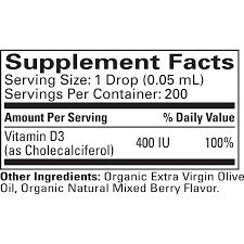 Vitamin D3 Mixed Berry Flavor 1 OZ de Childlife — etiqueta con los ingredientes