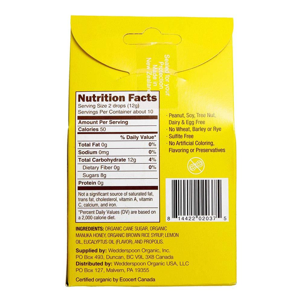 Caja de pastillas de miel de manuka con limón y propóleo Wedderspoon de 4 oz — etiqueta con los ingredientes