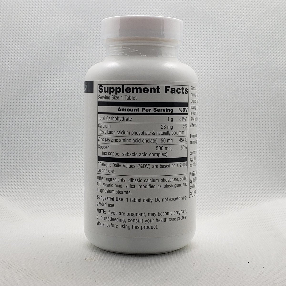 Zinc - Amino Acid Chelate - 50mg - 250 Tablets de Source Naturals — etiqueta con los ingredientes