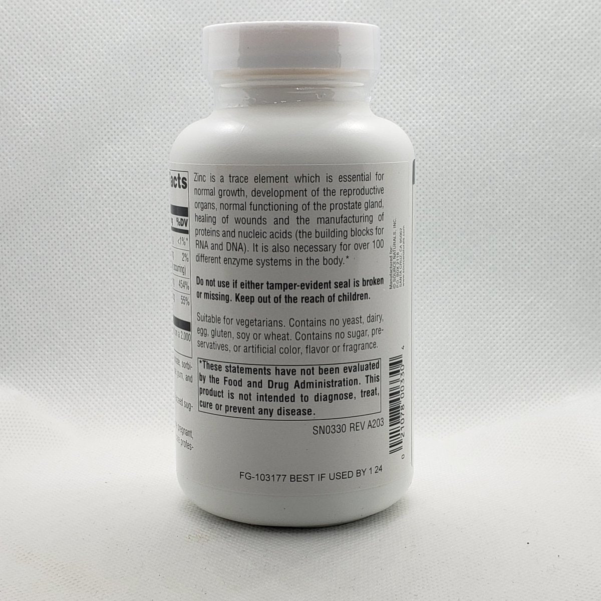 Zinc - Amino Acid Chelate - 50mg - 250 Tablets de Source Naturals — vista posterior del envase