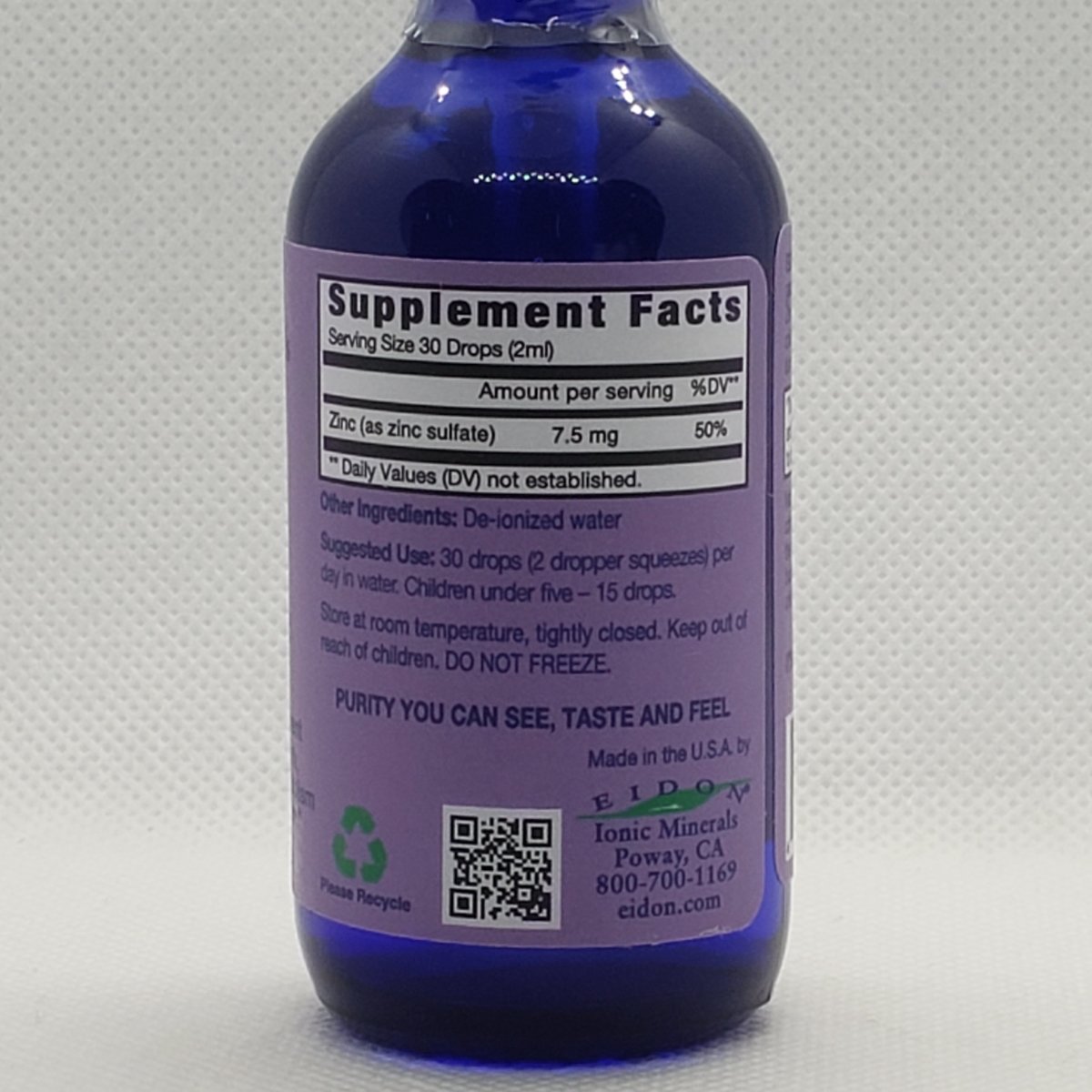 Eidon Zinc líquido iónico 7.5 mg concentrado 2 oz con gotero — etiqueta con los ingredientes