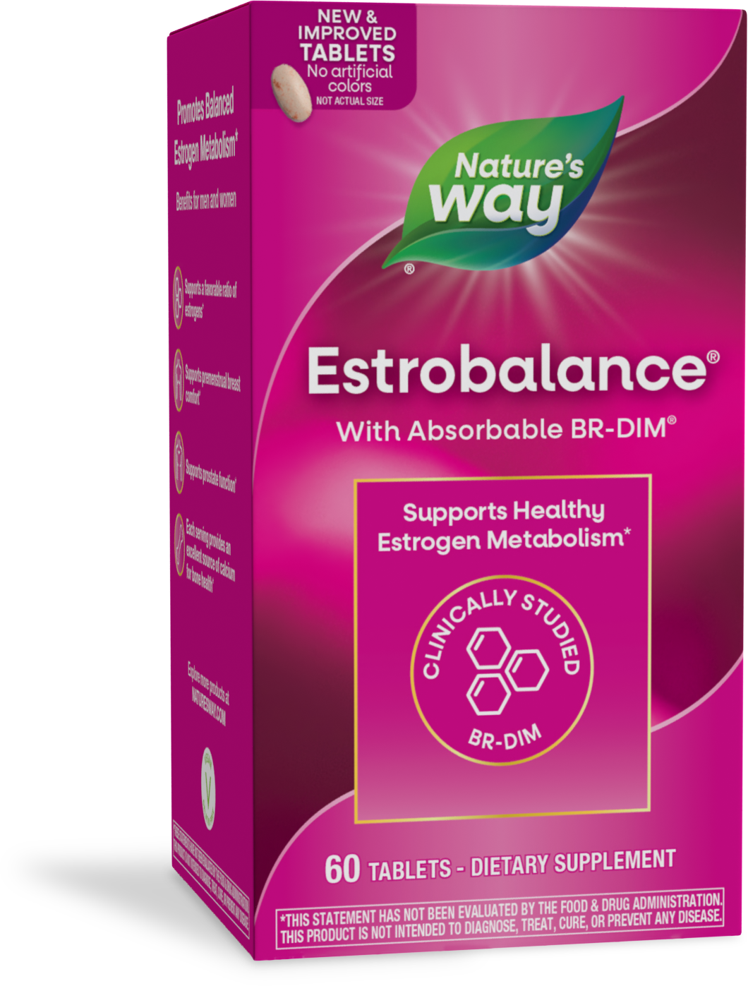 Caja frontal rosa de Estrobalance de Nature's Way, 60 tabletas, con BR-DIM y sello vegano.